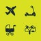 Set Toy plane, Slingshot, Baby stroller and Roller scooter icon. Vector