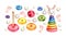 Set of toys children pyramids soap bubbles and foot prints watercolor