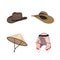 Set of traditional hats and head accessories. Chinese or vietnamese triangle bamboo hat, cowboy nad lady hats, arabic muslim head