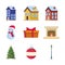 Set of traditional houses and christmas related icons