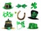 Set with traditional items for St. Patrick`s Day celebration on white background