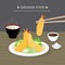 Set of Traditional Japanese food, Crispy Fried Shrimp Tempura with Miso Soup and Soy Sauce. Cartoon Vector illustration