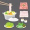 Set of Traditional Japanese food, hot pot, shabu-shabu, sukiyaki with vegetables, bacon, pork, meat slide and sauce. Cartoon Vecto