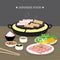Set of Traditional Japanese food, Yakiniku version of Korean BBQ. Raw beef and pork slice cooking barbeque and grilled. Cartoon Ve