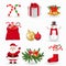 Set of traditional Merry Christmas and New Year symbols. Greeting card with tree branches, toys, santa claus, christmas stoking,