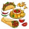 Set of traditional Mexican food - burrito, taco, nachos, salsa