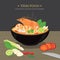 Set of Traditional Thai food, Tom Yum Kung is Thai spicy soup with shrimp. Cartoon Vector illustration