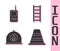 Set Traffic cone, Walkie talkie, Firefighter helmet and Fire escape icon. Vector