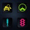 Set Traffic light, Car search, Shock absorber and Speedometer. Black square button. Vector