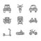 Set Train and railway, Submarine, Bicycle, Delivery truck, Scooter, Car, Police car flasher and icon. Vector