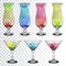 Set of transparent glass goblets with cocktails