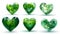 Set of transparent hearts in green colors isolated on white background. Emerald crystal hearts with grass and leaves as symbol of