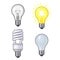 Set of transparent, opaque, glowing and energy saving light bulb