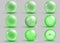 Set of transparent and opaque green spheres with shadows