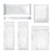 Set of transparent and white blank foil bag packaging for food, snack, coffee, cocoa, sweets, crackers, chips, nuts