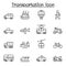 Set of Transportation related vector line icons. contains such Icons as airplane, bus, truck, lorry, scooter, motorcycle, walking