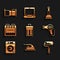 Set Trash can, Electric iron, Paint roller brush, Hair dryer, Washer, Oven, Rubber plunger and Bed icon. Vector