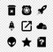 Set Trash can, Police badge, Rocket ship with fire, Alien, Star and Unknown document icon. Vector