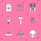 Set Trash can, Unknown document, Mail server, Rocket ship with fire, Hammer and UFO abducts cow icon. Vector
