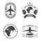 Set of travel badge, logo. Travel inspiration quotes with suitcase, airplane, globe silhouette Vector illustration