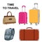 Set of travel bags. A plastic suitcase, a vintage suitcase, a travel bag and a large backpack.