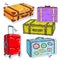 Set travel bags, retro suitcase with belt, suitcase on wheels and stickers on suitcases