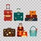 Set travel bags on transparent background vector illustration. Collection business voyage packing, handle trip baggage