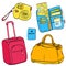 Set of travel illustrations: pink trolley bag