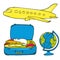 Set of travel illustrations: yellow airplane