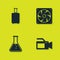 Set Travel suitcase, Cinema camera, Test tube and flask and Computer cooler icon. Vector
