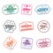 Set of travel visa stamps for passports. Abstract international and immigration office stamps. Arrival and departure customs visa