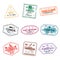 Set of travel visa stamps for passports. Abstract international and immigration office stamps. Arrival and departure customs visa