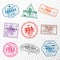 Set of travel visa stamps for passports. Abstract international and immigration office stamps. Arrival and departure visa stamps