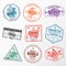 Set of travel visa stamps for passports. Abstract international and immigration office stamps. Arrival and departure visa stamps