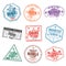 Set of travel visa stamps for passports. International and immigration office stamps. Arrival and departure visa stamps