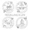Set of Traveling horizontal banners with trip elements Line art