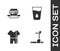 Set Treadmill machine, Junk food, Sport track suit and Glass with water icon. Vector