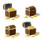 Set of treasure chests, open and closed pirate treasure chests, locked, empty, full of coins cartoon vector illustration