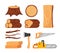 Set of Tree Logs, Wooden Planks and Tools, Timbers and Woodcutter Instruments Chainsaw, Saw, Axe. Tree Branches Heap