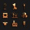 Set Tree, Pack full of seeds of plant, Wheat, Roll hay, Scarecrow, Bag flour, Shovel and Rubber gloves icon. Vector