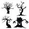 Set of tree silhouettes for Halloween. A collection of monster trees with bats and pumpkins. Black and white