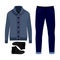 Set of trendy men\'s clothes. Outfit of man cardigan, pants and and accessories. Men\'s wardrobe