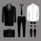 Set of trendy men\'s clothes. Outfit of man coat, pants, shirt a