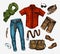Set of trendy men s clothes. Outfit man neckerchief, shirt, bag, jeans, pants, shorts, leather belt, shoes