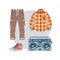 Set of trendy men s wear and accessories. Pack of fashionable male apparel s elements thin line in hipster style.