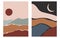 Set of trendy minimalist landscape. Boho poster collection mountains, sunset, moon. Landscape scenes. Mid century art print.