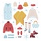 Set trendy Winter Clothes. Down vest, hat, mitten, glasses, boot, jacket, kimono, chelsea, bag, beret, glove. Modern