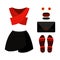 Set of trendy women\'s clothes with black skirt, red top