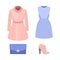 Set of trendy women\'s clothes with coat, dress and accessories.