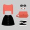 Set of trendy women\'s clothes. Outfit of woman skirt, pullover and accessories